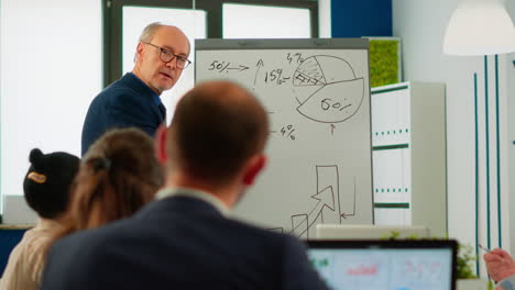 hombre de negocios anciano haciendo una presentación a un equipo multiétnico usando un gráfico