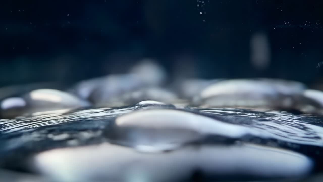 Rising air bubbles forming after air injection inside clear tank, crossing surface with droplets