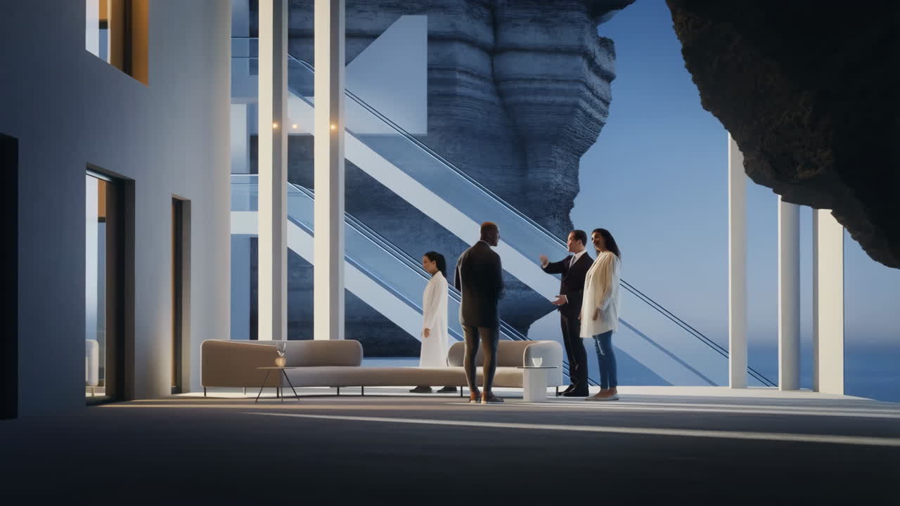 Professionals interacting in a modern cliffside architectural lounge with scenic views