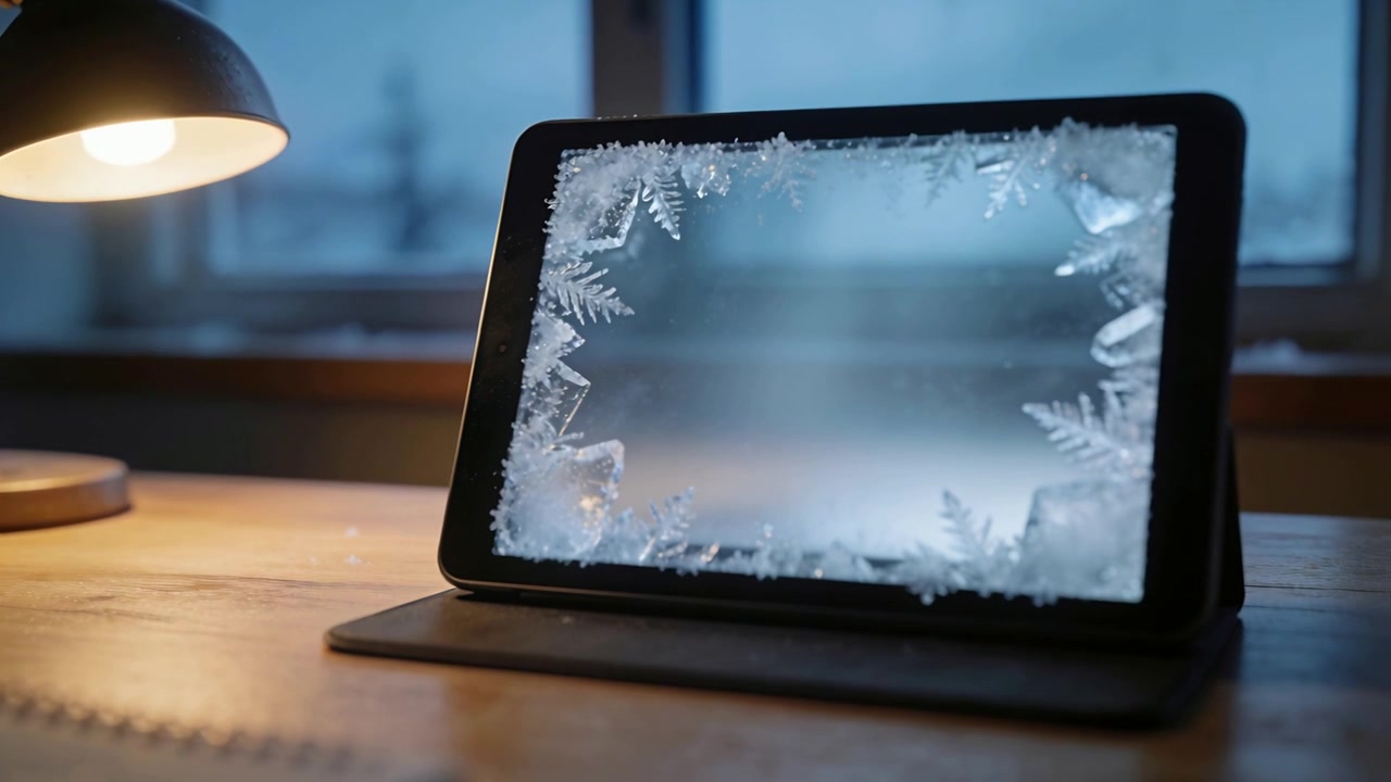 Moving camera bringing tablet in folio stand into sharper focus at desk, revealing frost border