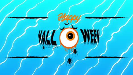animation of halloween design with dripping eyeball, spiders, happy halloween text