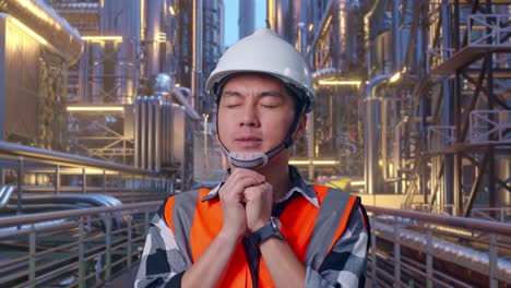 close up of asian male engineer with safety helmet pray for something while standing at a vast oil refinery