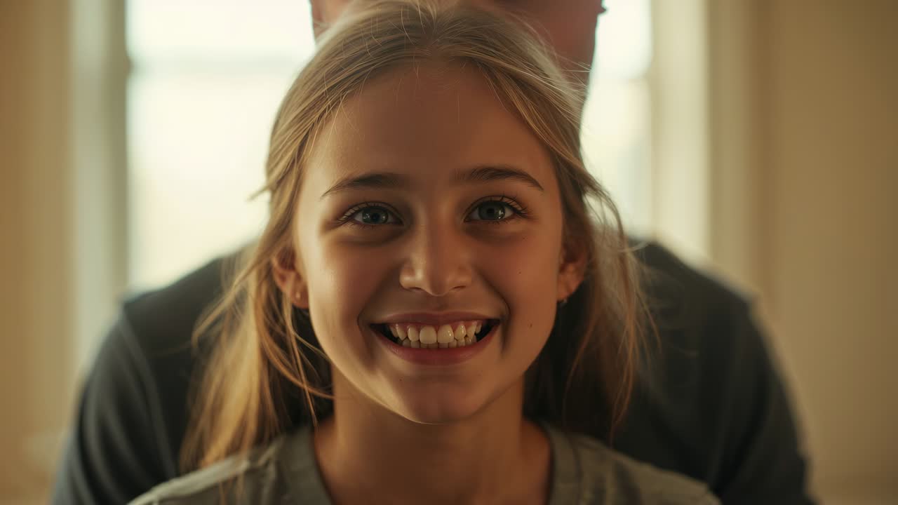 Camera trekt terug, onthult glimlachende tiener, papa erachter deelt thuis, raam, grijs T-shirt, donker overhemd
