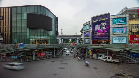 day time wuhan city pedestrian bridge traffic crossroad mall font panorama 4k time lapse china