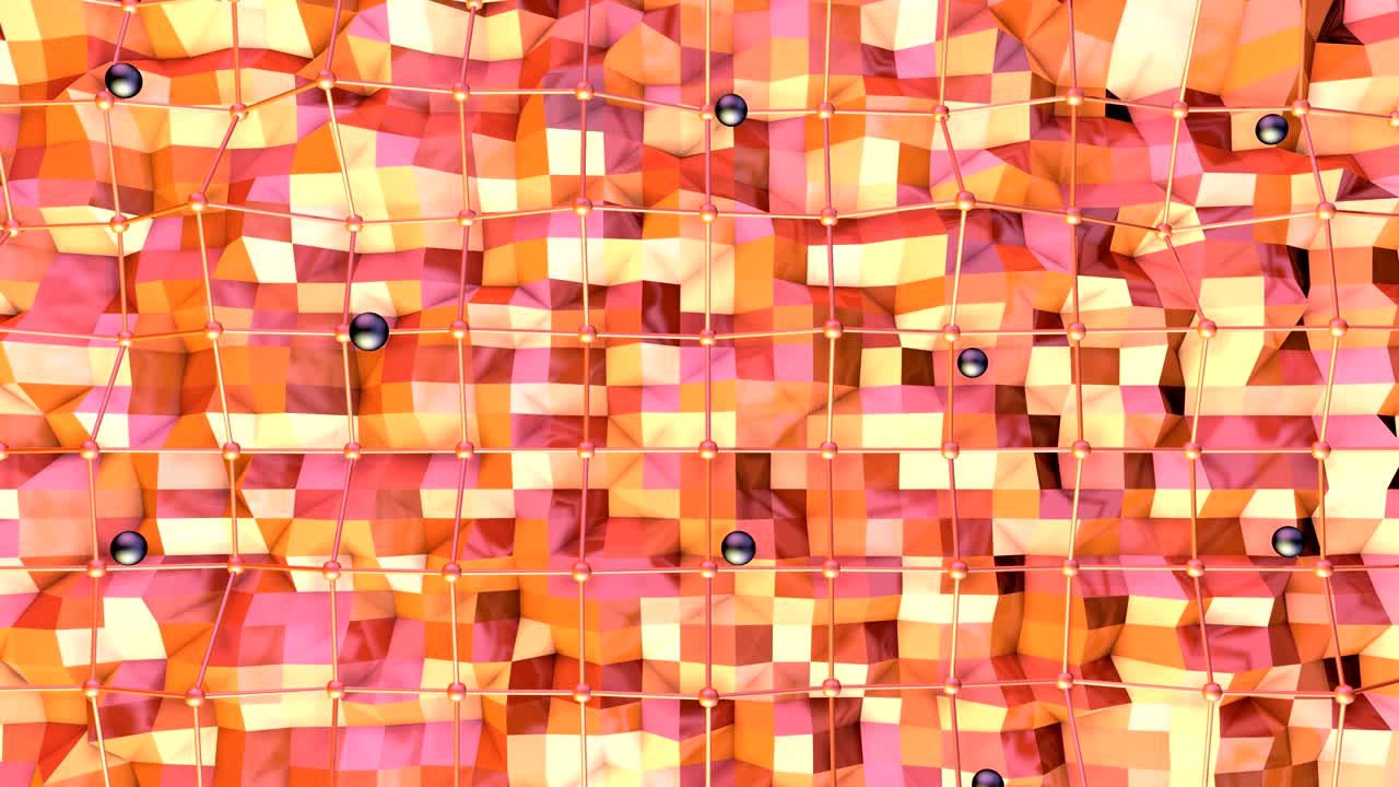 superficie baja de poli 3d con cuadrícula o malla voladora y esferas negras como fondo artístico. fondo de poli bajo geométrico de polígonos rojos naranja puros. fondo de bucle sin costuras 4k fullhd