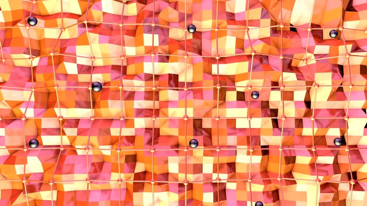 Low poly 3D surface with flying grid or mesh and black spheres as art background. Soft geometric low poly background of pure pink orange red polygons. 4K Fullhd seamless loop background