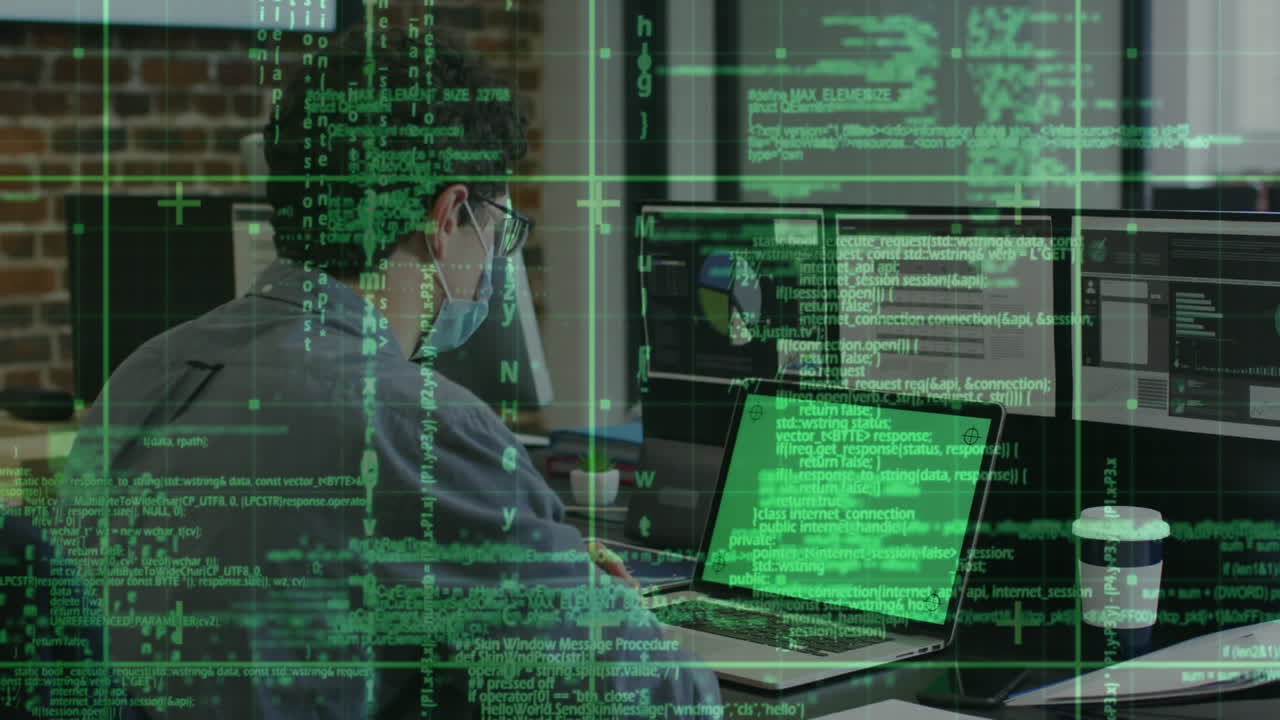 video compuesto digital de procesamiento de datos contra hombre caucásico usando documentos de computadora portátil en la oficina