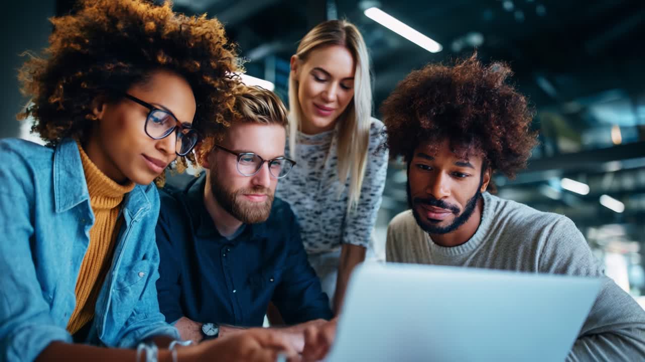 A Group of Young Professionals Collaborating and Sharing Ideas Over a Laptop in a Modern Workspace, Engaged in Discussion and Teamwork for Creative Solutions