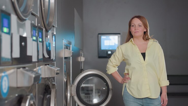 Portrait of supervisor lady posing beside industrial washer indoors, open door visible, confident manager in yellow shirt hand on hip inside modern stainless laundromat, clean facility