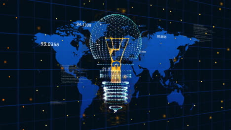 animación de bombillas digitales e iconos de medios sobre el mapa del mundo y procesamiento de datos