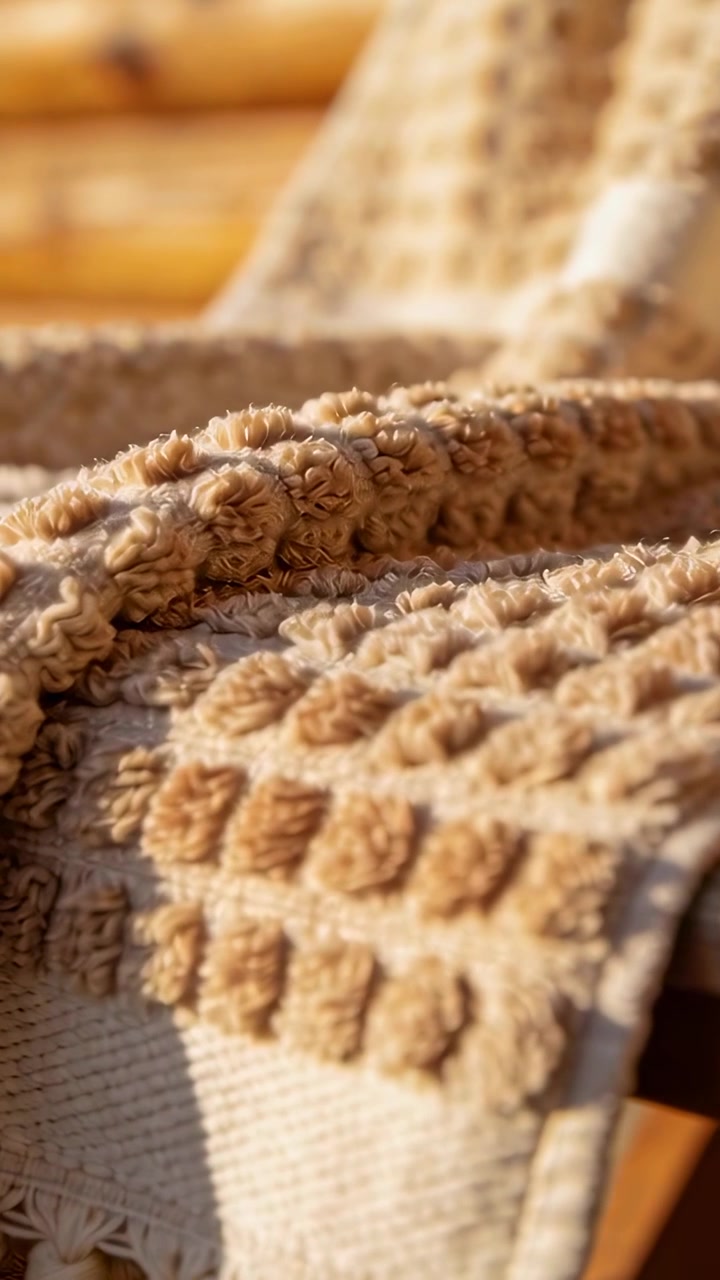 Video verticale: Telecamera in movimento che rivela un tappeto beige su una sedia di legno, mostrando ciuffi e frange al sole.