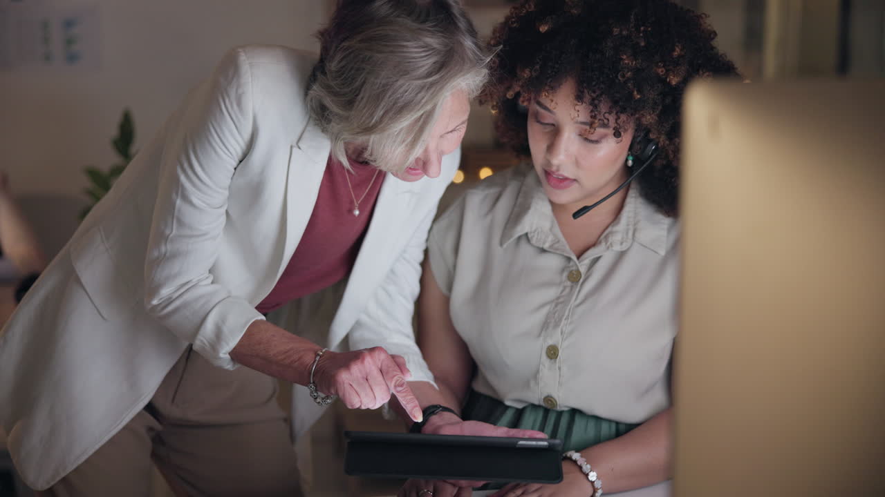 Tablet, teamwork and call center with business