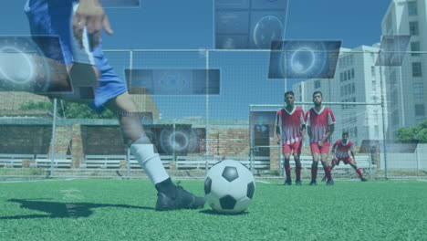 animación de visores y procesamiento de datos en pantallas sobre jugadores de fútbol masculinos durante el partido