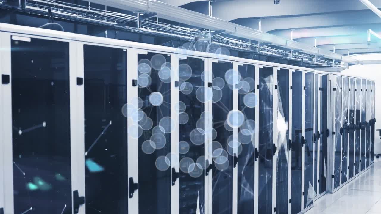Animation of globe of digital icons and plexus networks against computer server room