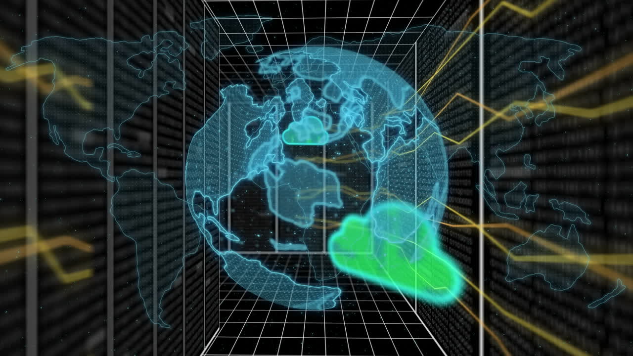 Animation of globe, world map, data processing and connections over grid
