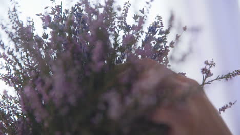 female hand puts a bouquet of lavender on a wooden table