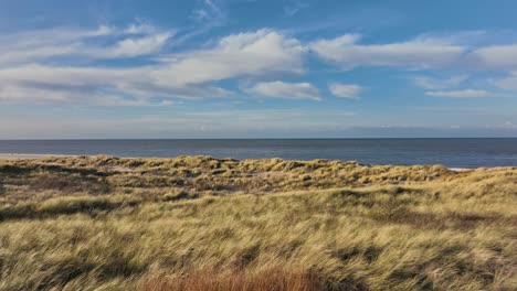 long aerial shot flying over grassy dunes towards a calm sea under a beautiful blue sky at sunset