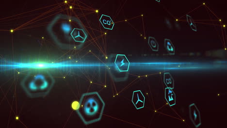 animation of icon in hexagons over dots connected with lines against black background