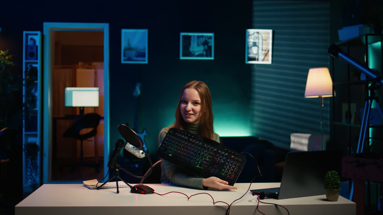 estrella de los medios alegre mostrando las características de los periféricos de la computadora a la audiencia