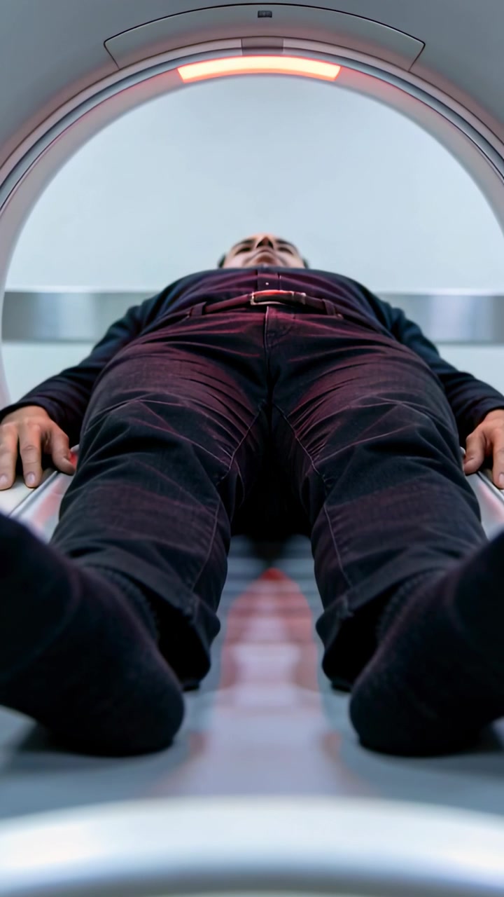 Video verticale: Un uomo che scivola nell'apertura dello scanner in radiologia mentre il tavolo avanza per la scansione, con la luce accesa e la cintura.