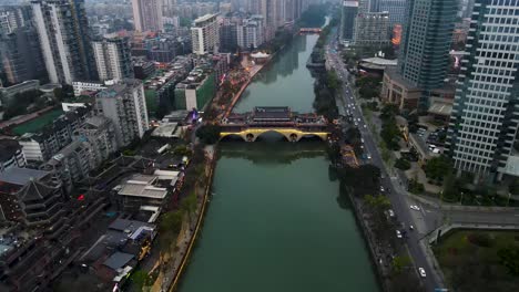 city metropolis landscape in downtown chengdu, china - aerial drone view