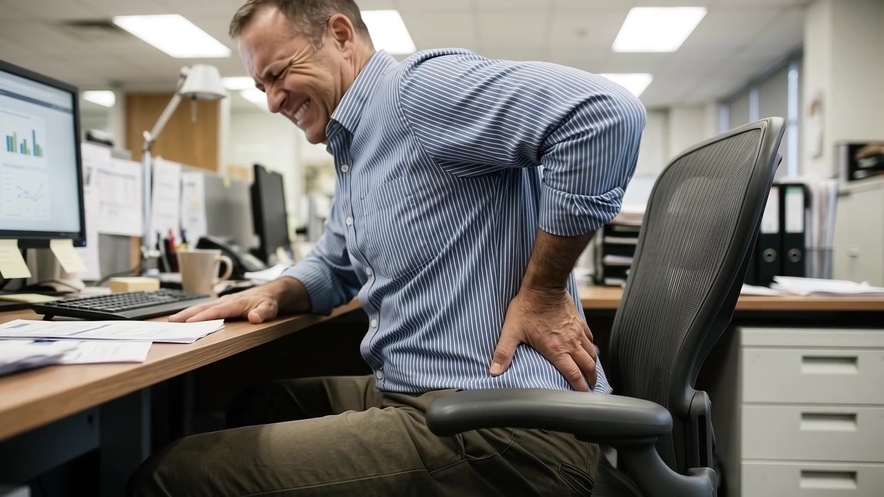 Office Worker Experiencing Back Pain While Sitting at Desk