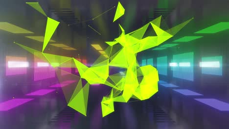 Animation-of-green-shapes-over-black-background-with-colorful-lights