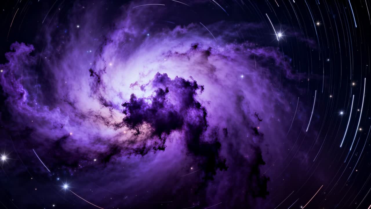 Nebulosa a spirale viola in rotazione che rivela il nucleo, bande scure e scie stellari ad arco durante lo spostamento dell'inquadratura.