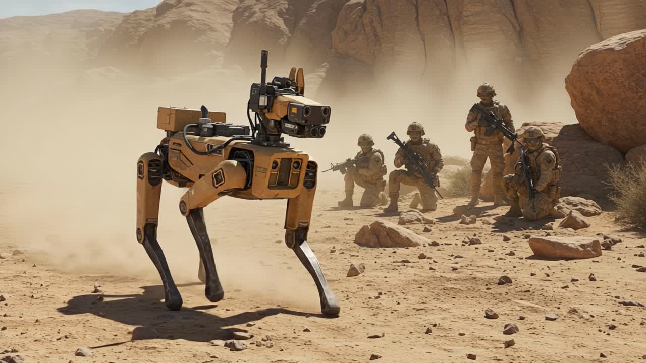 A futuristic robot dog navigates a dusty terrain while military personnel observe its capabilities, showcasing advancements in technology and robotics on the battlefield