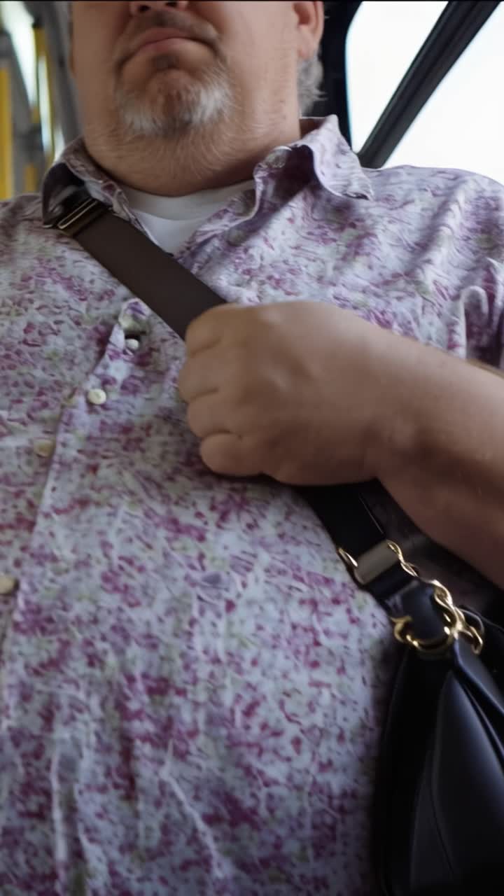 Hombre ajusta la correa de su bolso mientras está sentado. Viste una camisa estampada y lleva un bolso bandolera negro. Su expresión muestra ligera incomodidad o fatiga. El metraje captura un momento espontáneo del viaje diario urbano