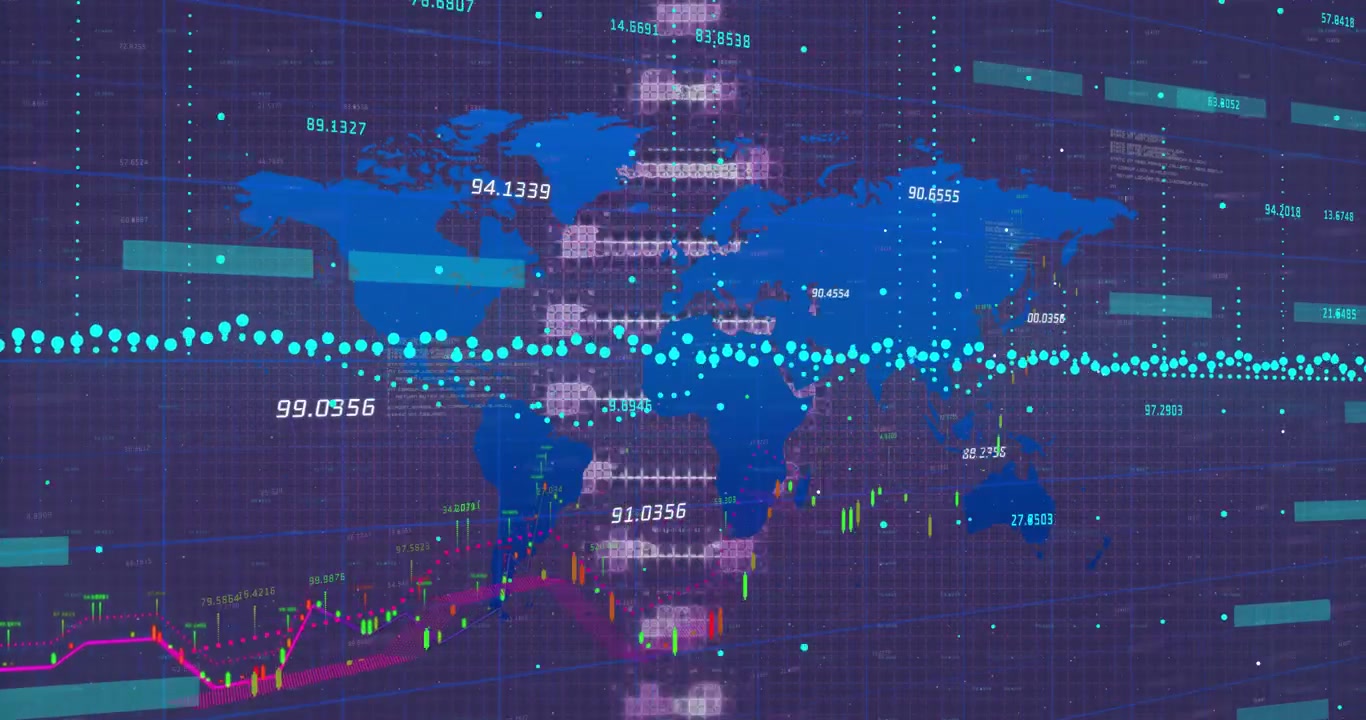 Teal scan line sweeping map starting pixel wave, rising bars, popping candlesticks visualizing data