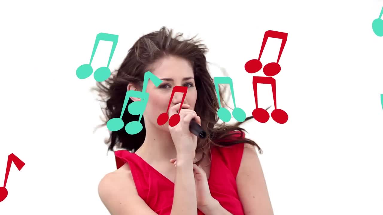 코카시안 여성 노래 위에 떠다니는 음의 애니메이션