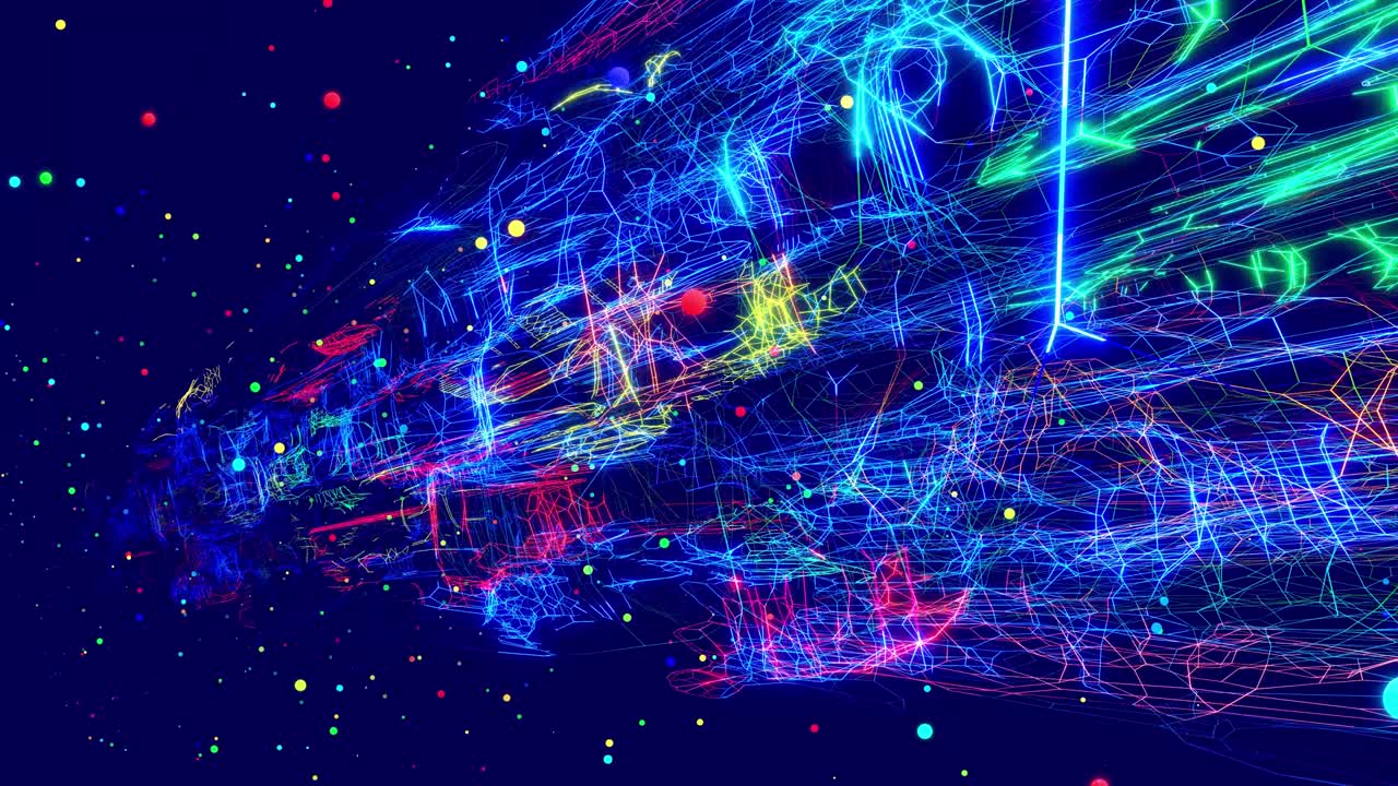 Motion graphic, data flow. Hi tech stream of datum, motion design vj loop. Wireframes of network blocks with neon light, multicolor glow. Abstract hologram of web as concept hi tech technology