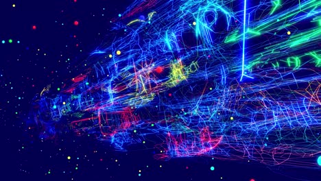 motion graphic, data flow. hi tech stream of datum, motion design vj loop. wireframes of network blocks with neon light, multicolor glow. abstract hologram of web as concept hi tech technology