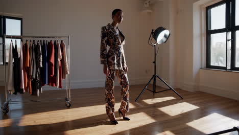 stylish woman in a printed suit