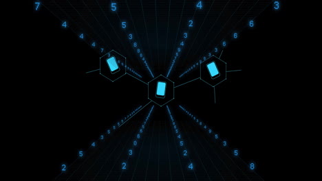 Animation of data processing with icons on black background