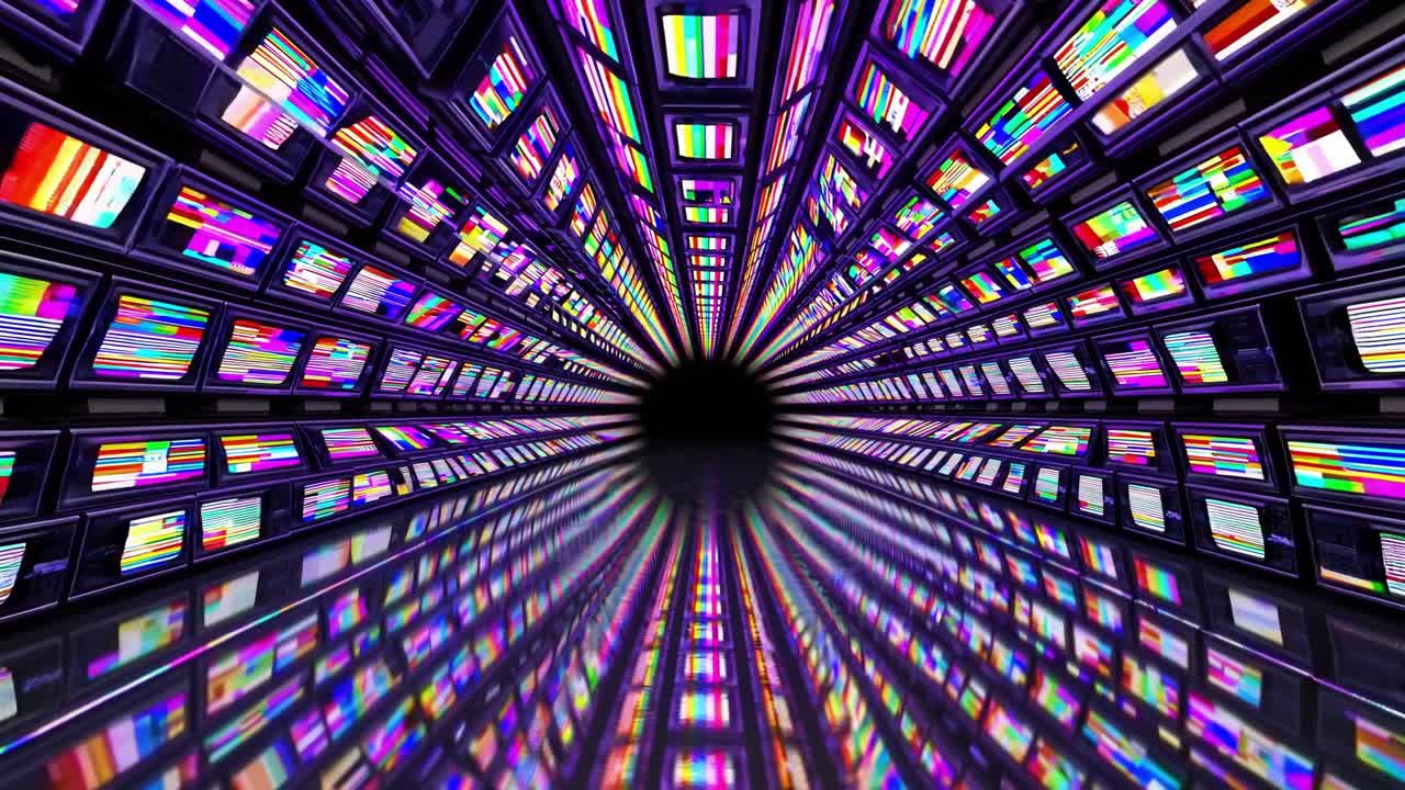 Dynamic visual sequence showcasing a vibrant tunnel of colorful screens converging towards a dark center, illustrating a captivating journey through digital imagery and motion