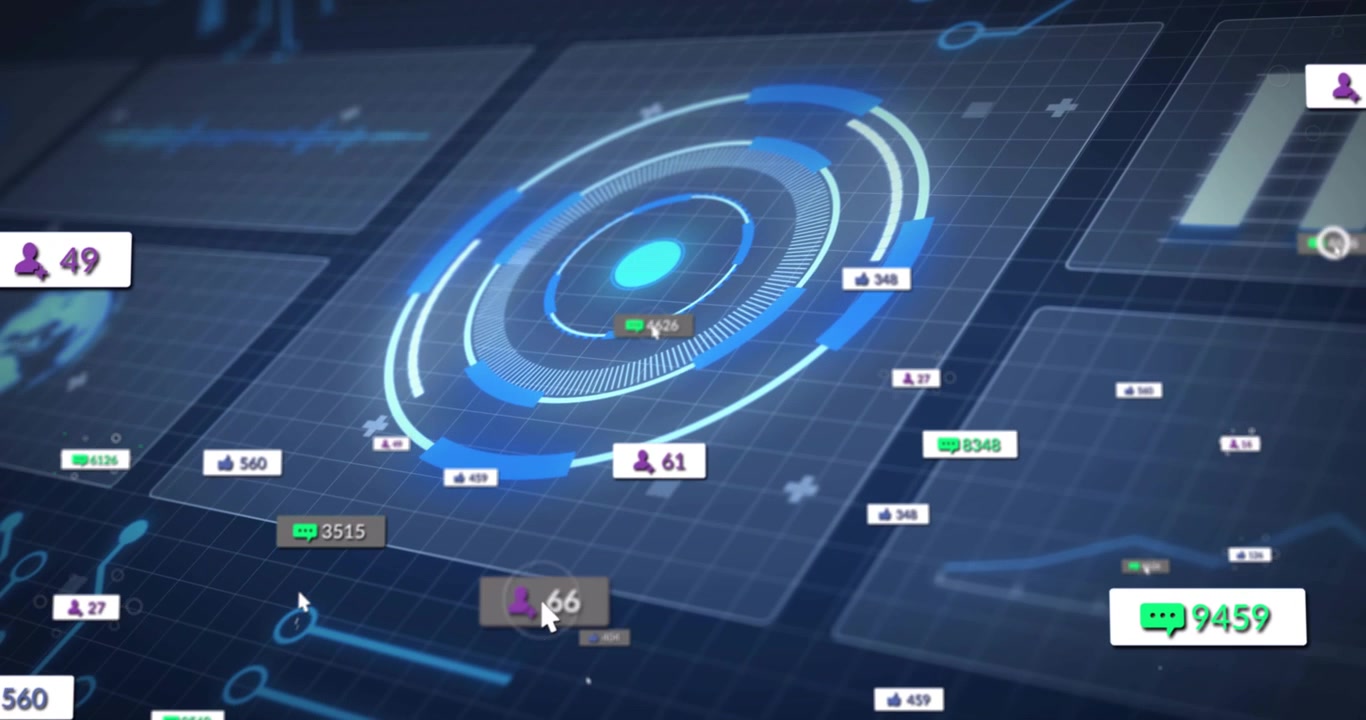 On start rotating holographic data rings, callouts and counts updating to visualize metrics