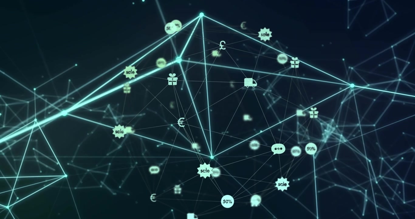 Animation of media icons over network of connections