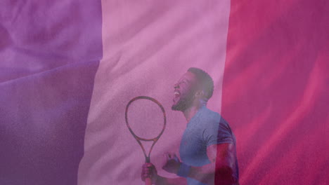 Animation-of-flag-of-france-over-african-american-male-tennis-player