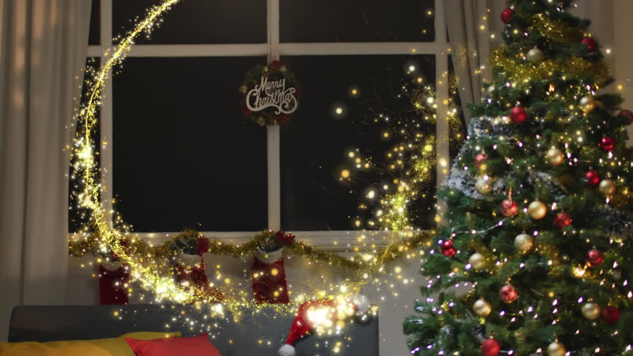 animación de estrella fugaz sobre el árbol de navidad con bolas