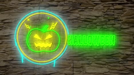 Animation-of-neon-halloween-greetings-and-pumpkin-on-brown-stone-background