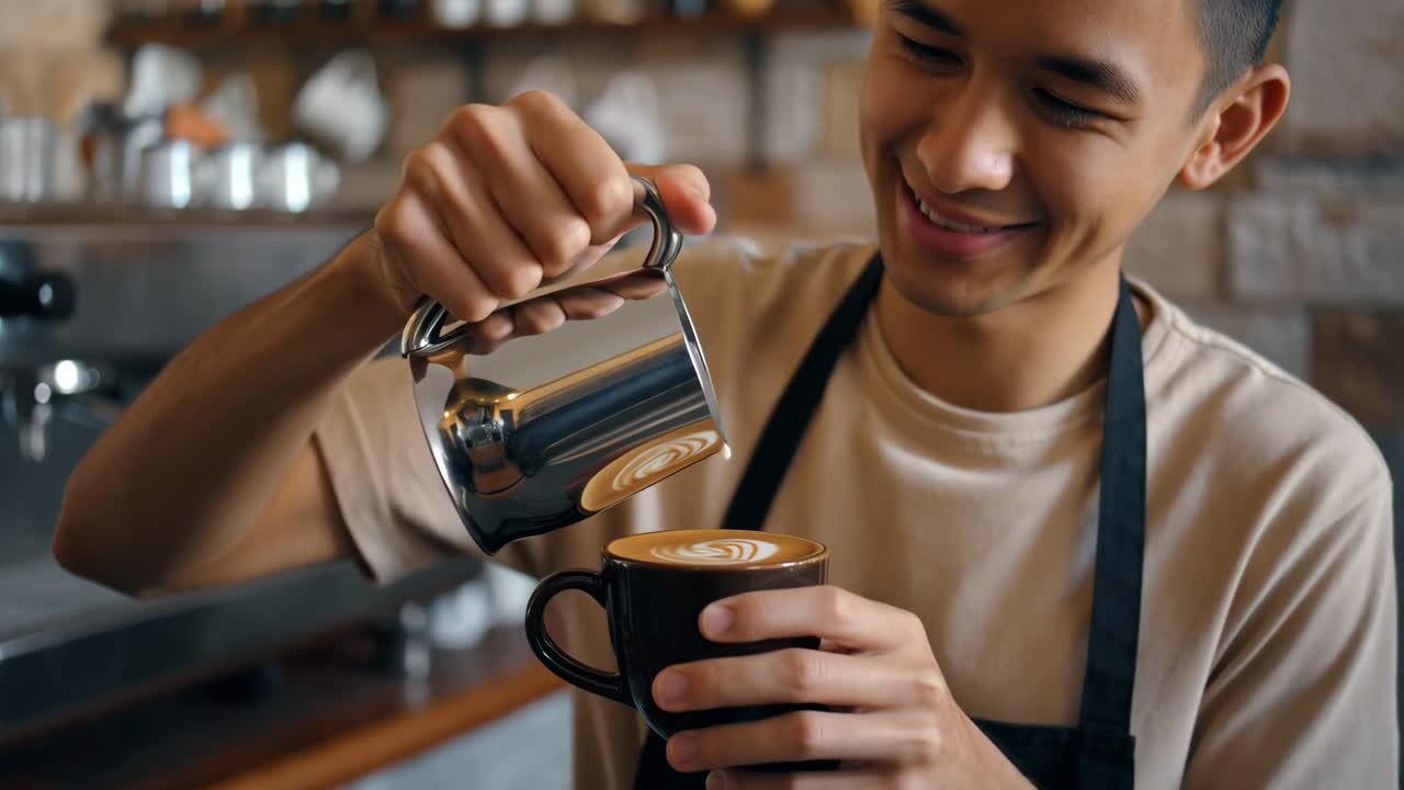 Barista Creating Latte Art in a Coffee Shop