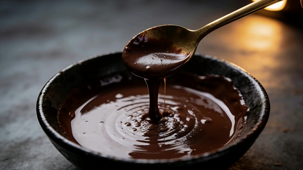 Cucchiaio di metallo inclinato che rilascia cioccolato in una ciotola di ceramica per l'inquadratura, luce calda che brilla sulle increspature