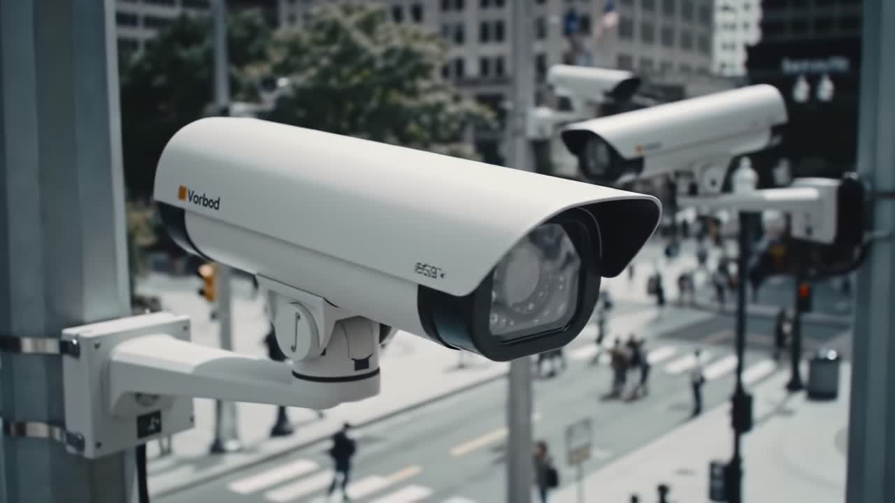 Surveillance System Monitoring Urban Activity with Multiple Cameras Capturing Pedestrians in a Busy City Intersection Overhead View