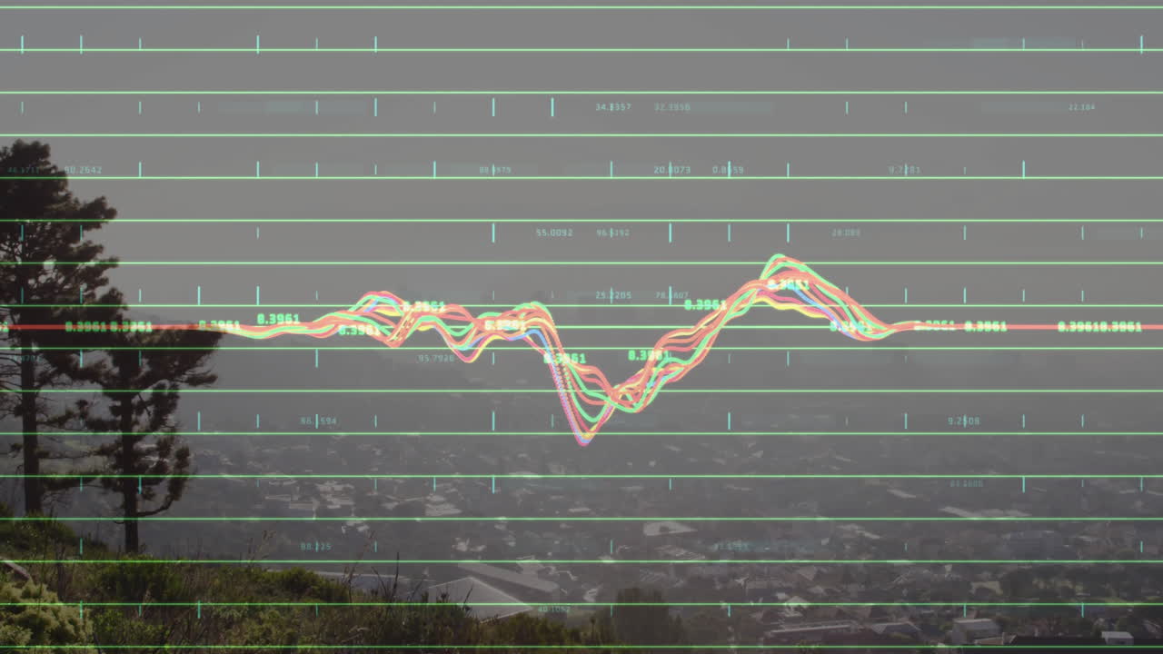 Colorful data graph animation over landscape with trees and buildings