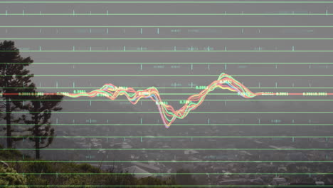 colorful data graph animation over landscape with trees and buildings