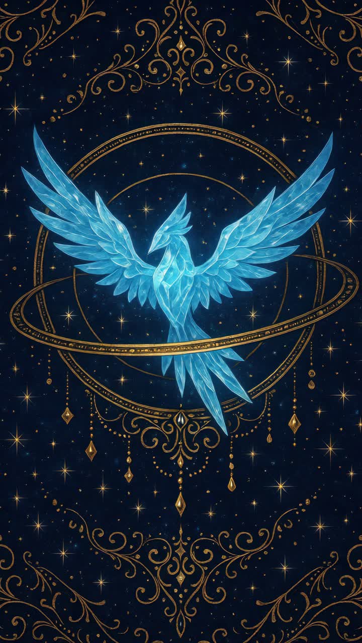 Blue Crystal Phoenix with Golden Ornaments and Sparkling Stars