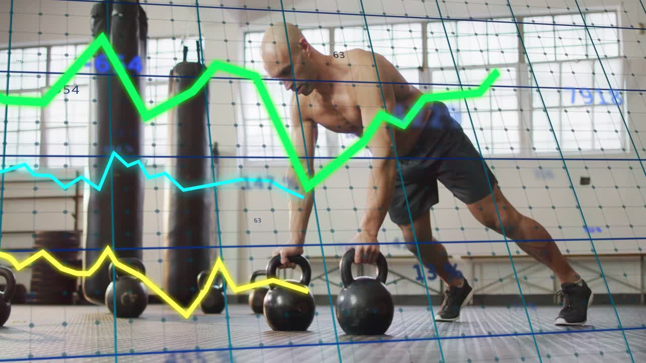 Man leaning forward gripping kettlebells alternating rows overlaying grid trend data for workout