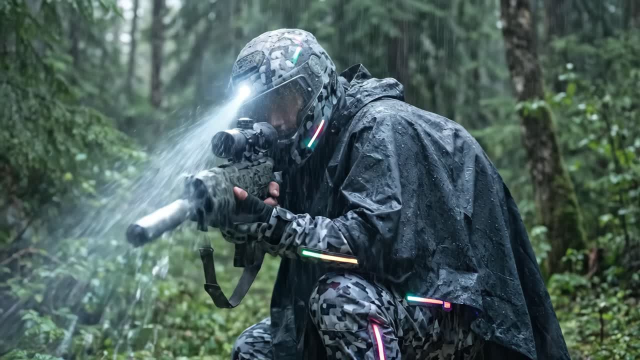 Osoba w stroju taktycznym i kamuflażu celująca z karabinu w deszczowym lesie
